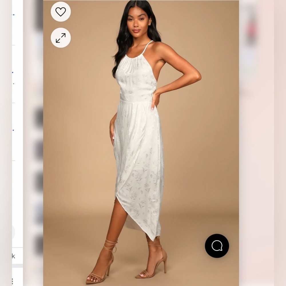 LULUS | NWT REMARKABLE MOMENTS WHITE FLORAL JACQUARD SATIN TULIP MIDI DRESS XS